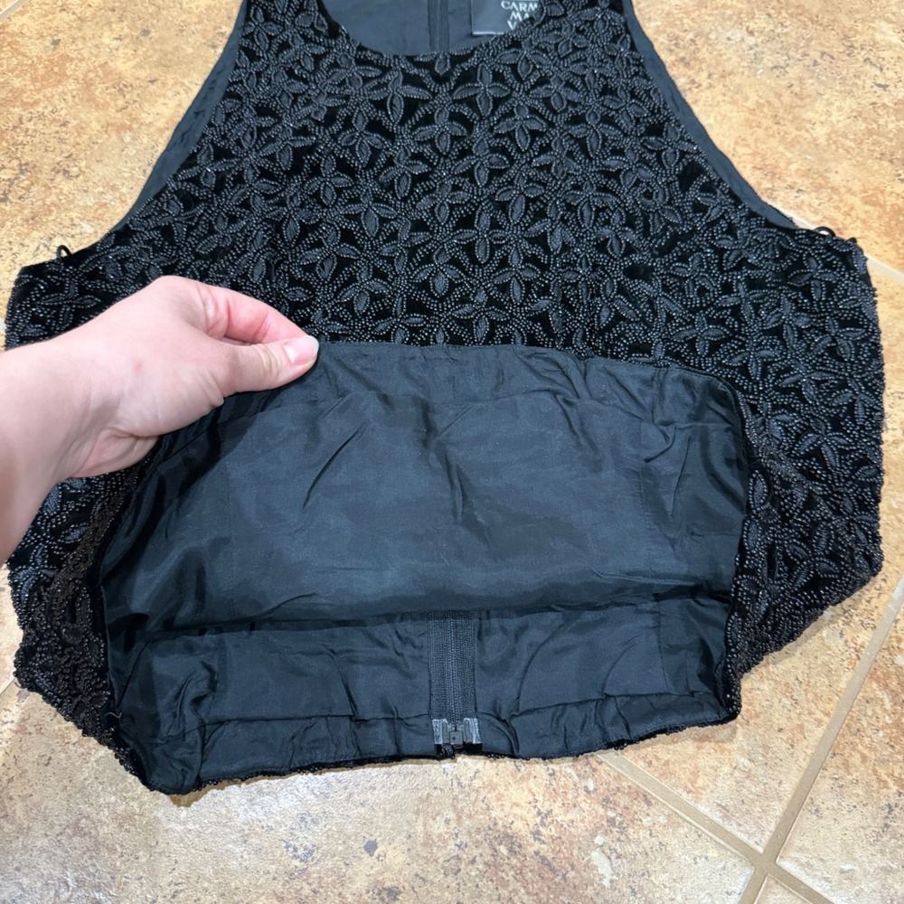 Carmen Marc Valvo Black Beaded Velvet Evening Top Sleeveless Sz 10 Party Cocktai - Picture 6 of 13